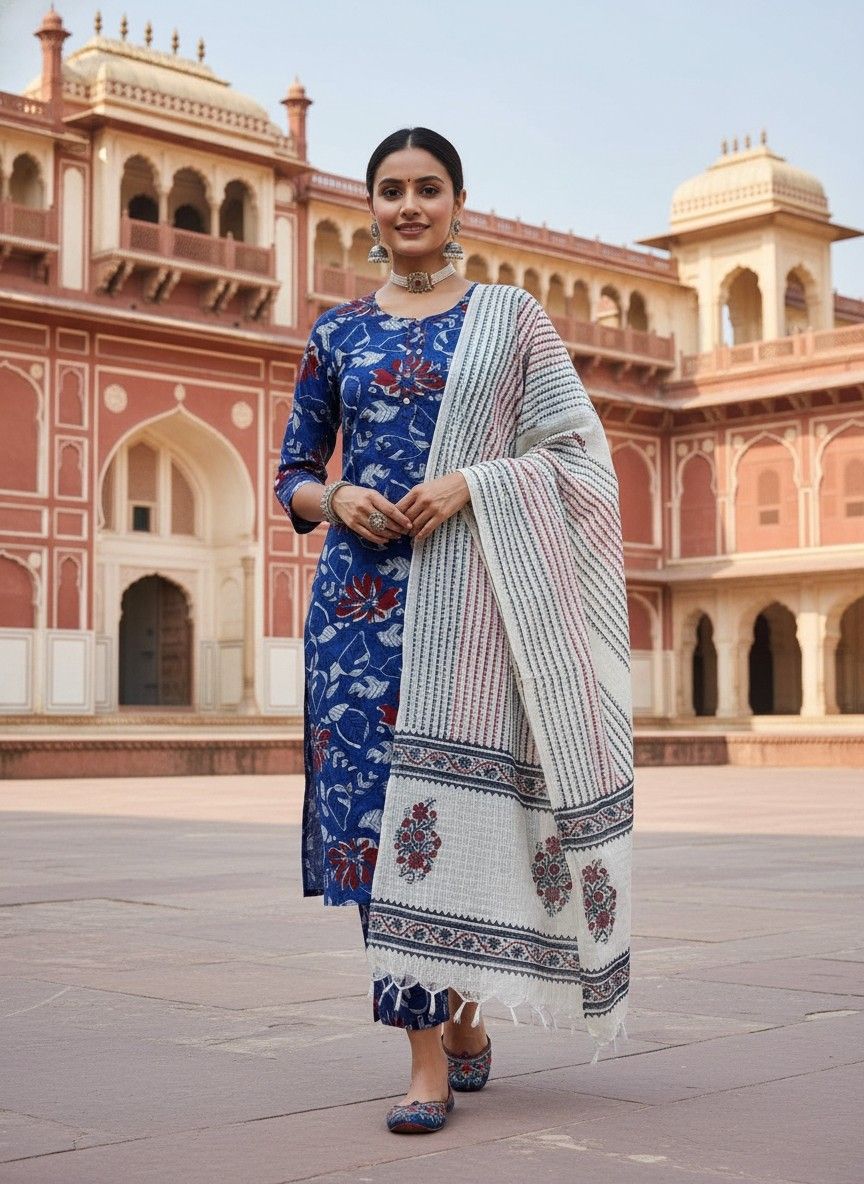 Blue jaipur printed salwar with kota dhupatta